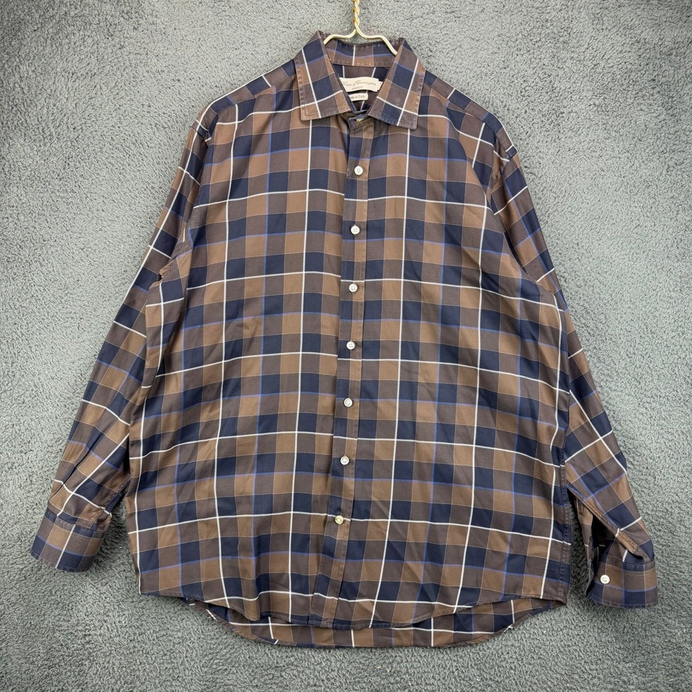 House of Carrington Andrew Mens Large Brown Blue Plaid Button Down Shirt Italy
